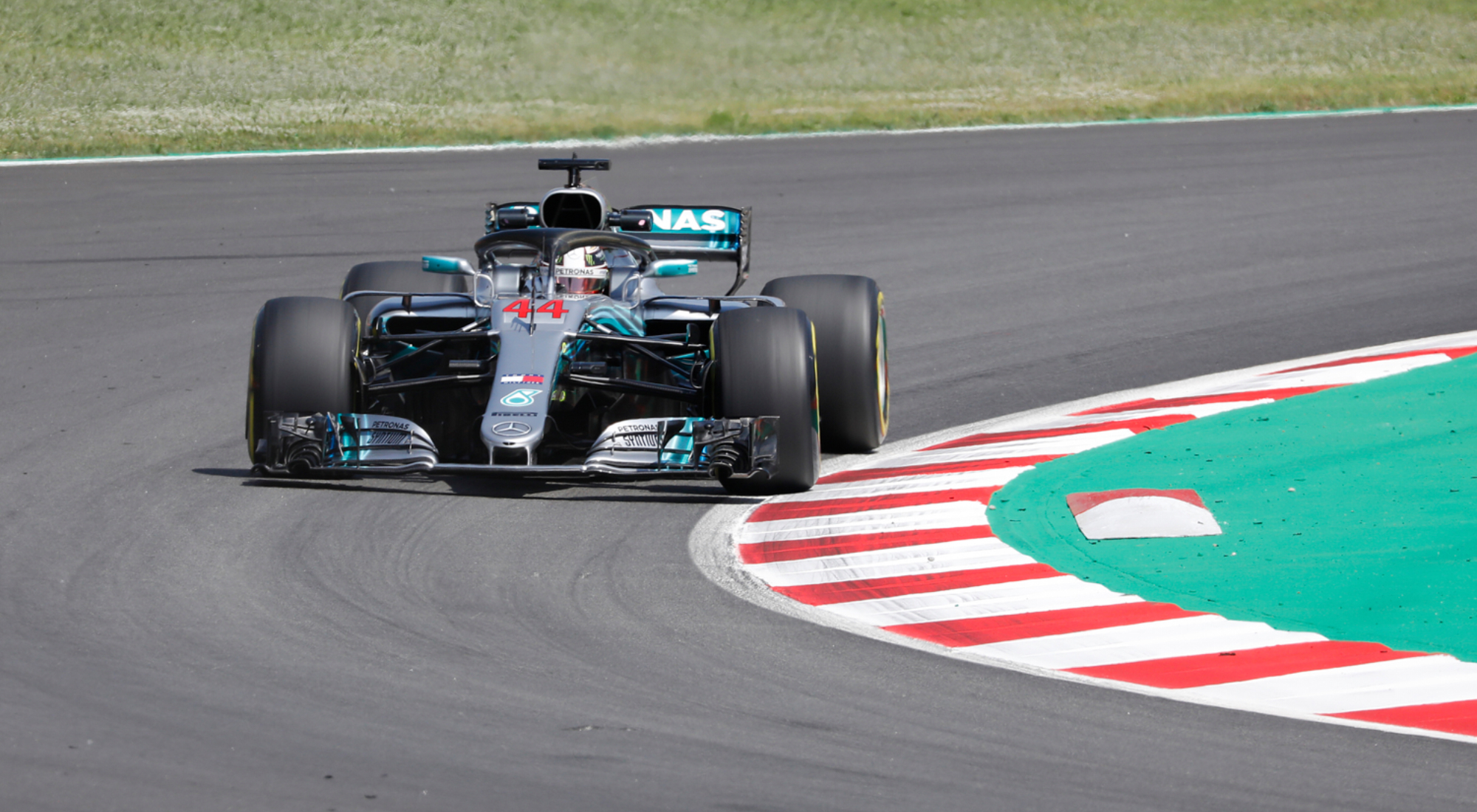 Lewis Hamilton in his Mercedes car at the Circuit de Catalunya