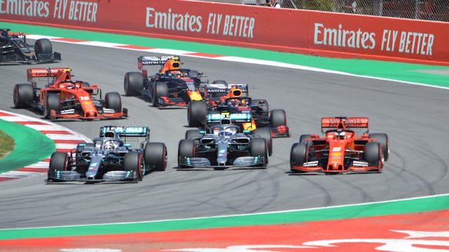 Formula One cars at turn 1 of the Barcelona Grand Prix