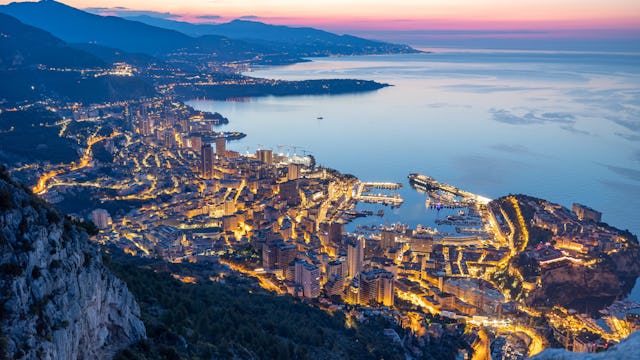 Aerial shot of Monaco at night