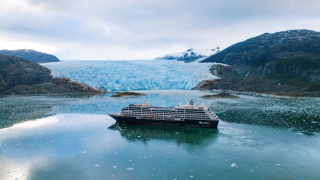 Azamara ship moored at the Brujo Glacier in the Chilean Fjords