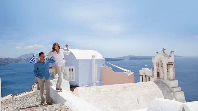 Couple exploring Santorini, Greece