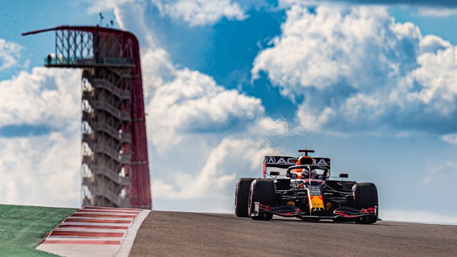 A Red Bull car racing at the Circuit of the Americas in Austin